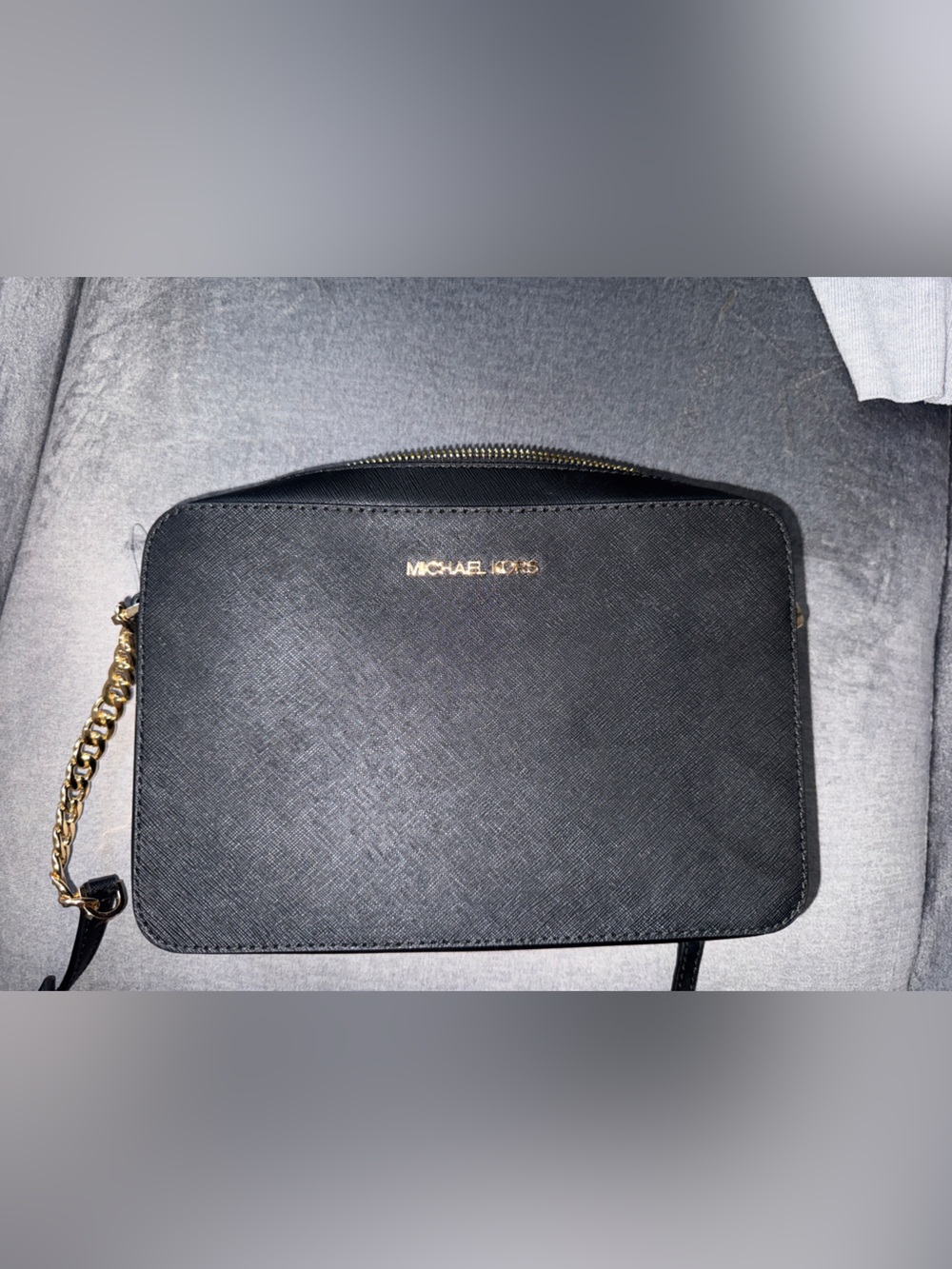 Michael Kors Black Leather Crossbody with Gold Chain Accent